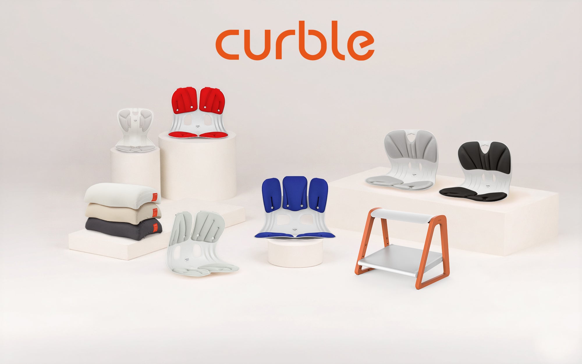 Curbleの取扱商品ラインナップ（Curble Chair・各専用カバー・スリープハンモック枕・ツーウェイフットレスト）