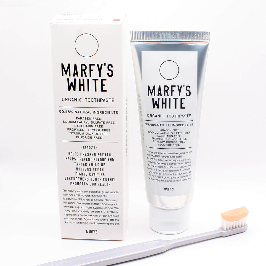 MARFY'S WHITE オーガニック歯磨き粉の外箱とチューブ
